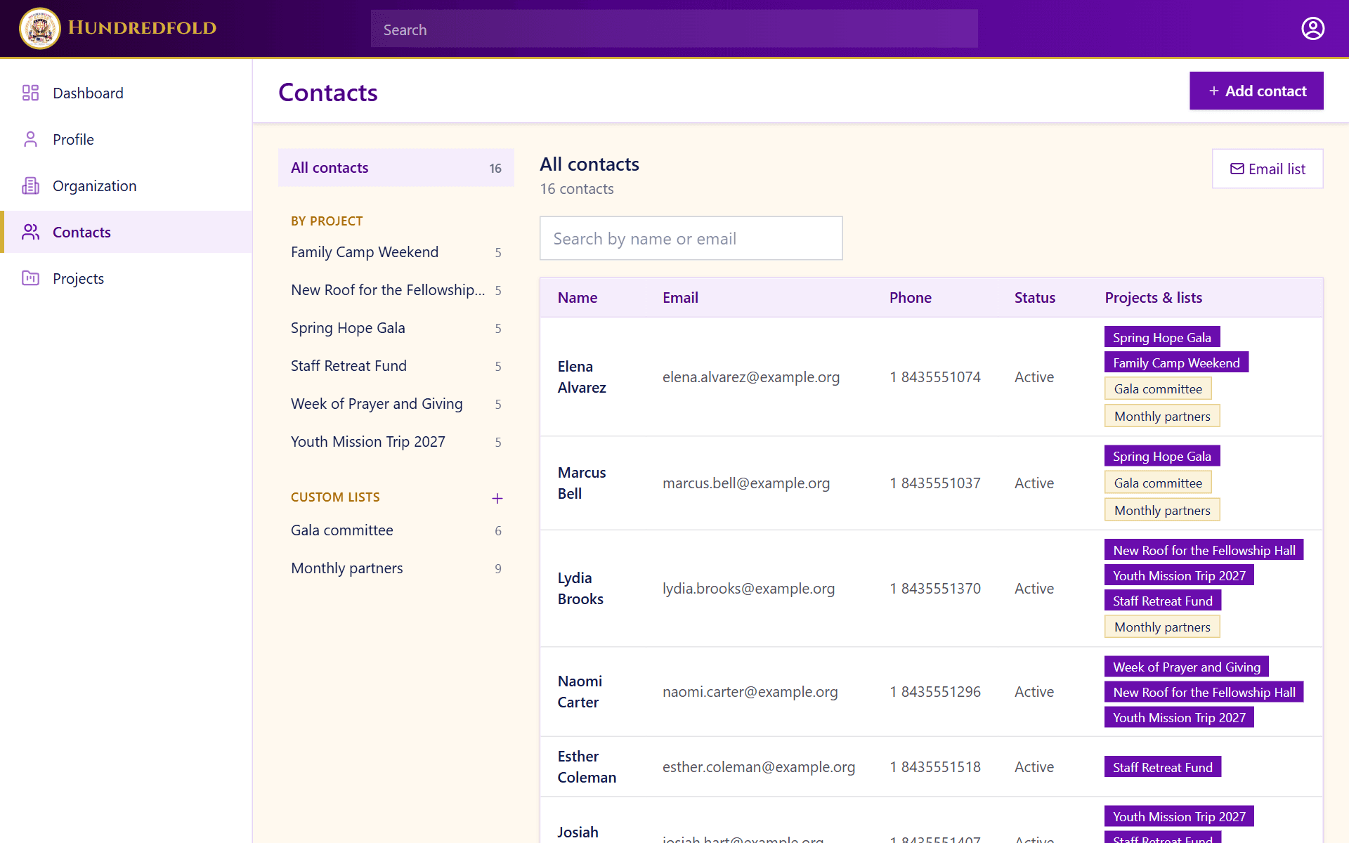 The contacts directory in Hundredfold