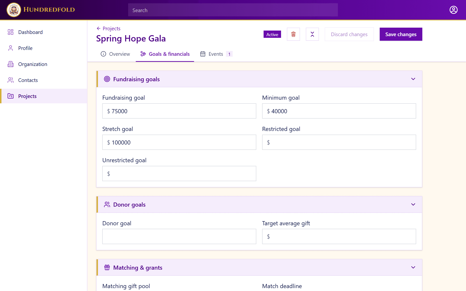 A project's goals and matching gifts in Hundredfold